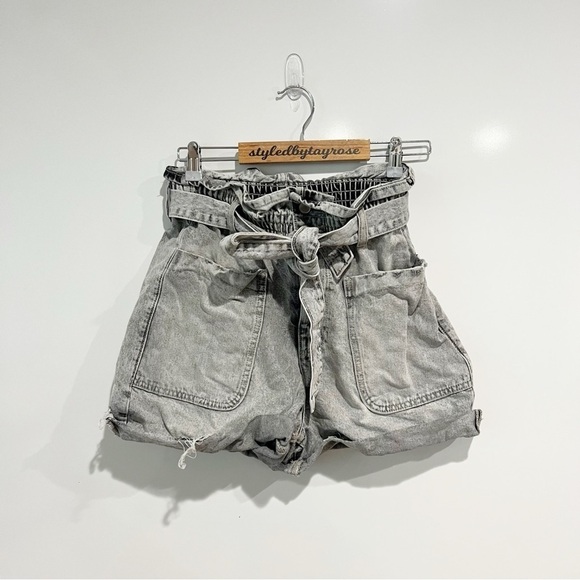 Zara Grey Denim Paperbag Waist Shorts - Picture 2 of 8
